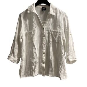 No 11 Top Womens L White Cotton Button Down Shirt Lightweight Lagenlook Beachy